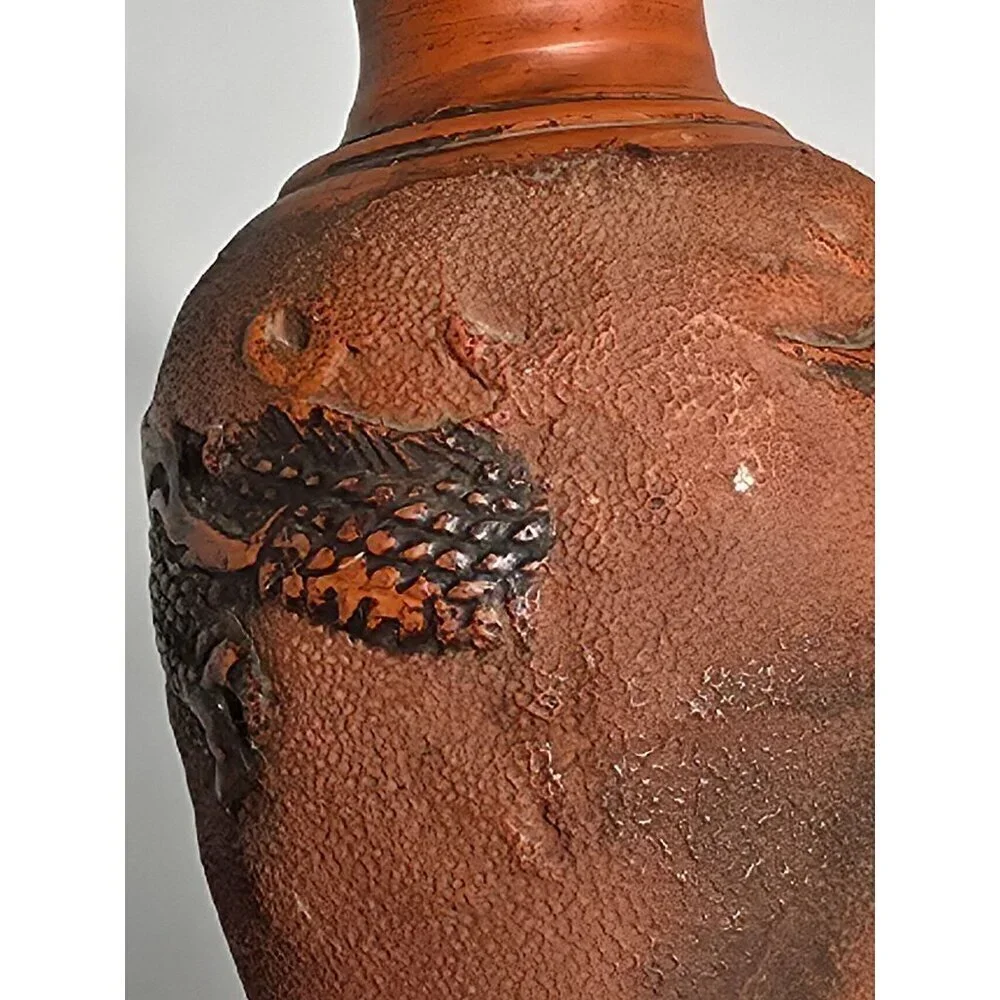 Tokonama Red Clay Dragon Motif Vase Textured Finish Intricate Dragon Carvings
